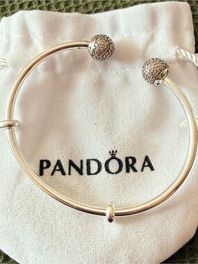 Pandora Silver with pink Pavé Ball Open Bangle - Silver Sparkle